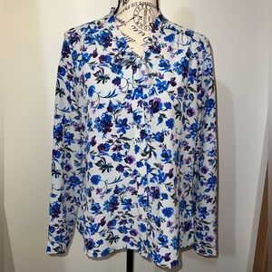 VTG Maggie Sweet Blue Floral  Blouse Tie Neck Button Up Cottagecore